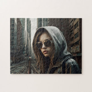 Cyberpunk Girl Hoodie Dystopian  Jigsaw Puzzle