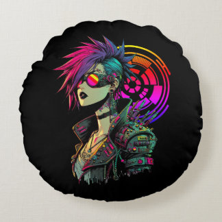 Cyberpunk Girl Round Cushion