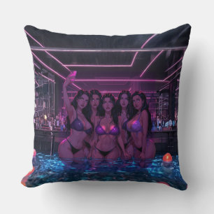 Cyberpunk Girls Night Out Pool Party Illustration Cushion