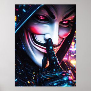 Cyberpunk Hacker Mask Shush Neon Glow Poster