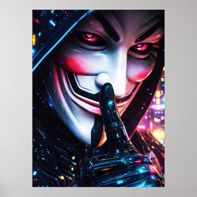 Cyberpunk Hacker Mask Shush Neon Glow Poster (Front)
