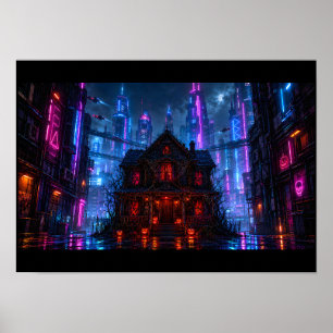 Cyberpunk Halloween Haunted House Neon City Poster