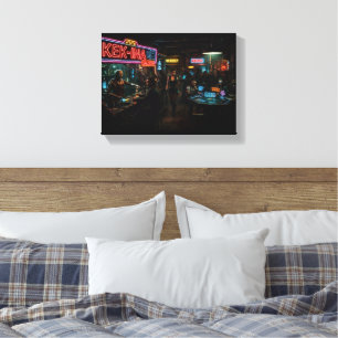 Cyberpunk Holographic Poker Bar with Robot Bartend Canvas Print