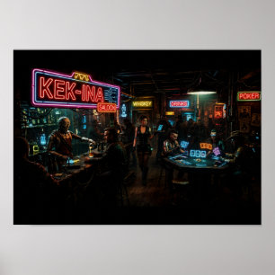 Cyberpunk Holographic Poker Bar with Robot Bartend Poster