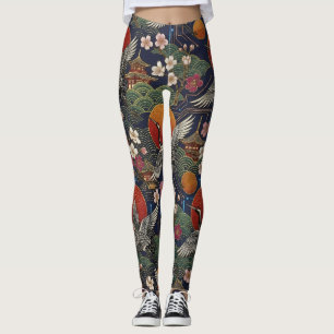 Cyberpunk Japanese Cranes and Sakura Seamless Leggings