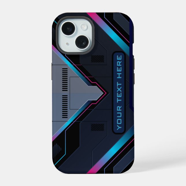 Cyberpunk Mecha Armor Neon Blue Purple Custom Name iPhone 15 Case (Back)