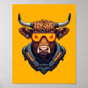 Cyberpunk Mecha Highland Cow Neon Orange Gamer Poster