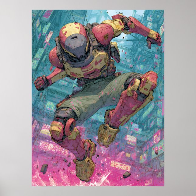 Cyberpunk Mecha Pilot Leap Neon City Action Art Poster (Front)