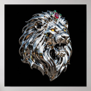 Cyberpunk Metallic Chrome Lion King with Ruby Crow Poster