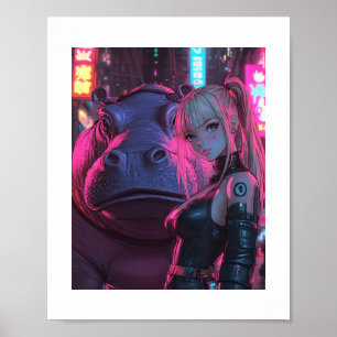 Cyberpunk Moodengcoin Waifu & Hippo Crypto Poster