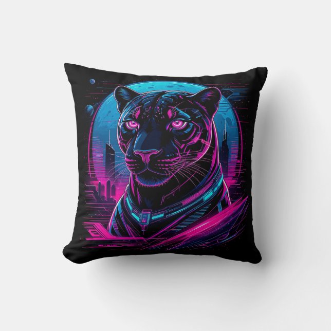 Cyberpunk Neon Black Panther Cushion (Front)