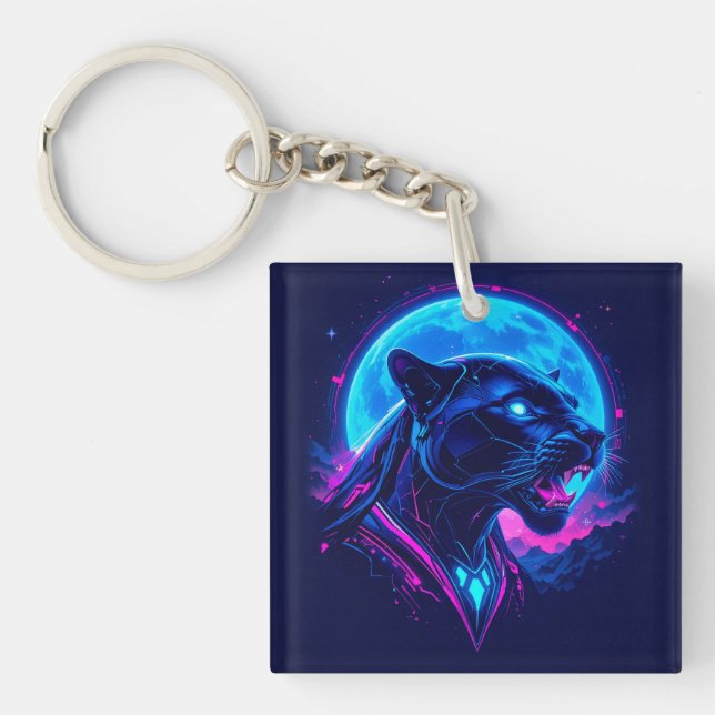 Cyberpunk Neon Black Panther Key Ring (Front)