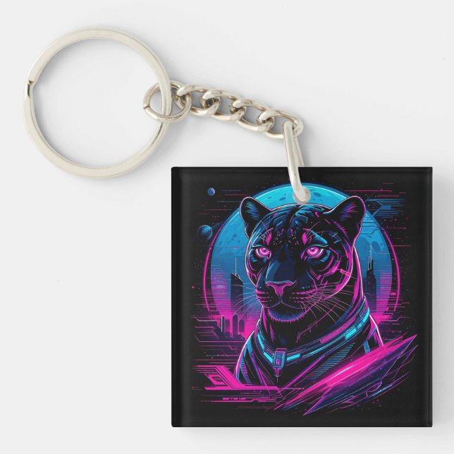 Cyberpunk Neon Black Panther Key Ring (Front)
