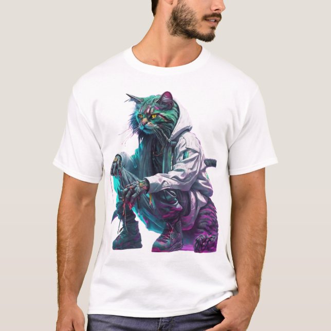 Cyberpunk Neon Cat in Urban Streetwear T-Shirt (Front)