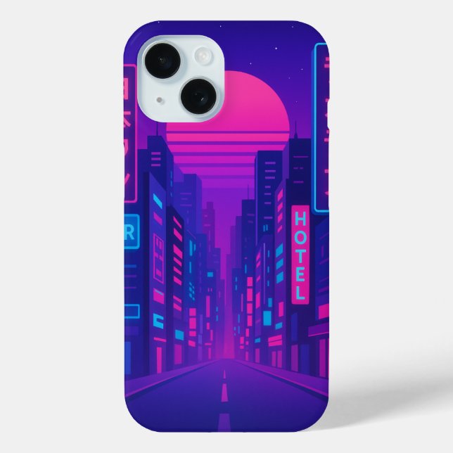 Cyberpunk Neon City iPhone 15 Case – Vaporwave Sty (Back)