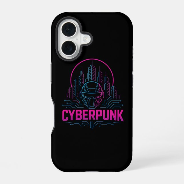 Cyberpunk Neon City Logo – Futuristic Tech Aesthet iPhone 16 Case (Back)