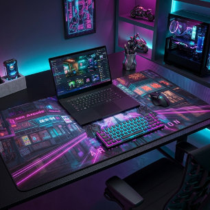Cyberpunk Neon City Night Aesthetic Gaming Desk Mat