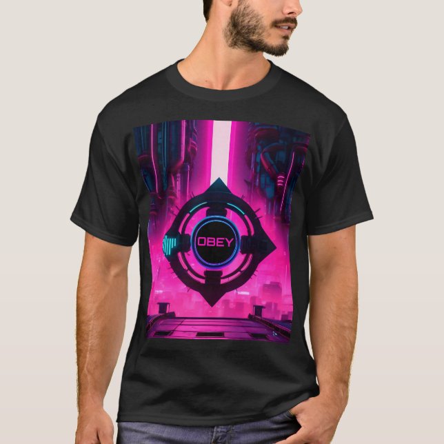 Cyberpunk Neon Obey Dystopian Sci-Fi City T-Shirt (Front)