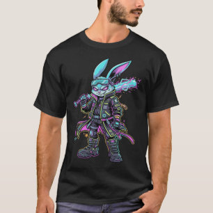 Cyberpunk Neon Rabbit Warrior – Futuristic Bunny T-Shirt
