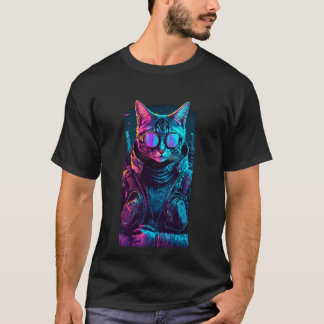 Cyberpunk neon twilight cat glasses soldier black  T-Shirt