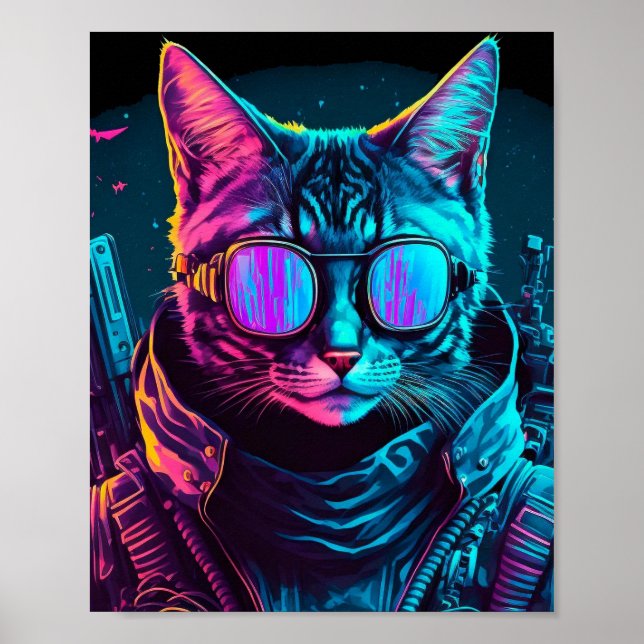 Cyberpunk neon twilight cat poster (Front)