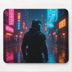 Cyberpunk Neon Warrior Mousepad – Futuristic Sci-F