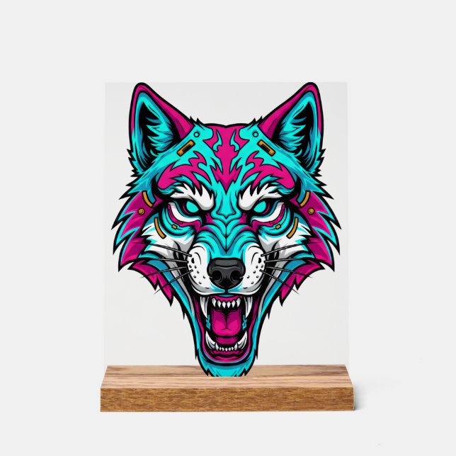 Cyberpunk Neon Wolf - Synthwave Robotic Animal Acrylic Sign (Front)