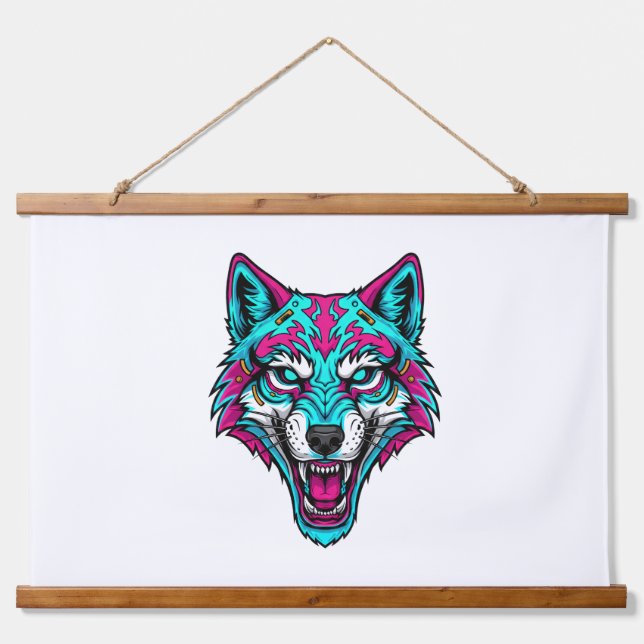 Cyberpunk Neon Wolf - Synthwave Robotic Animal Hanging Tapestry (Front)