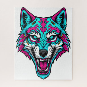 Cyberpunk Neon Wolf - Synthwave Robotic Animal Jigsaw Puzzle