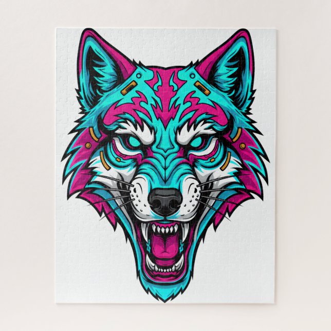 Cyberpunk Neon Wolf - Synthwave Robotic Animal Jigsaw Puzzle (Vertical)