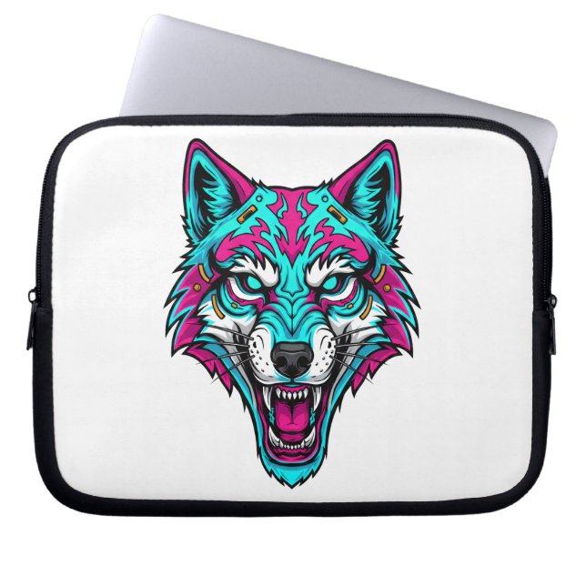 Cyberpunk Neon Wolf - Synthwave Robotic Animal Laptop Sleeve (Front)