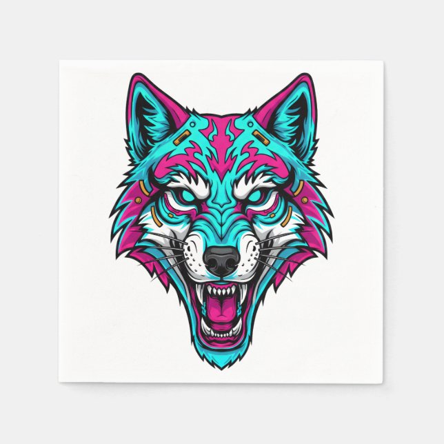 Cyberpunk Neon Wolf - Synthwave Robotic Animal Napkin (Front)