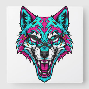 Cyberpunk Neon Wolf - Synthwave Robotic Animal Square Wall Clock