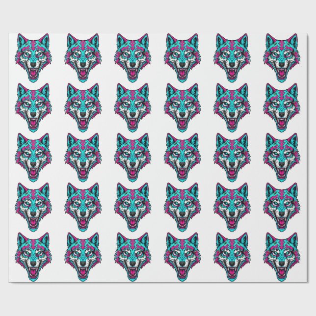Cyberpunk Neon Wolf - Synthwave Robotic Animal Wrapping Paper (Flat)