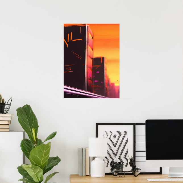 Cyberpunk orange city AI art poster (Home Office)