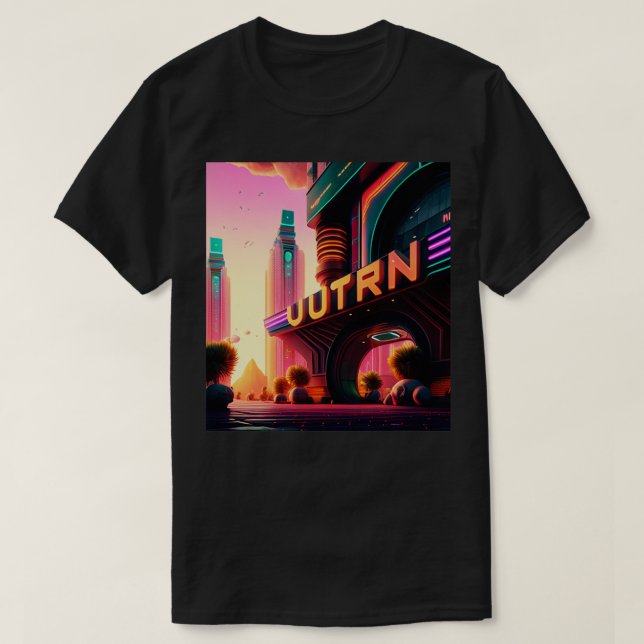 Cyberpunk Outrun City Futuristic AI Generated Art T-Shirt (Design Front)