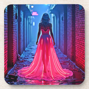 Cyberpunk Pink Light Dress Alleyway Mystery Art Coaster