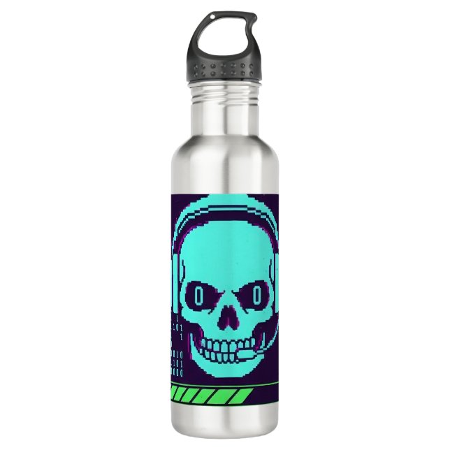 ​Cyberpunk Pixel Skull Travel Mug - Loading My Rea (Front)