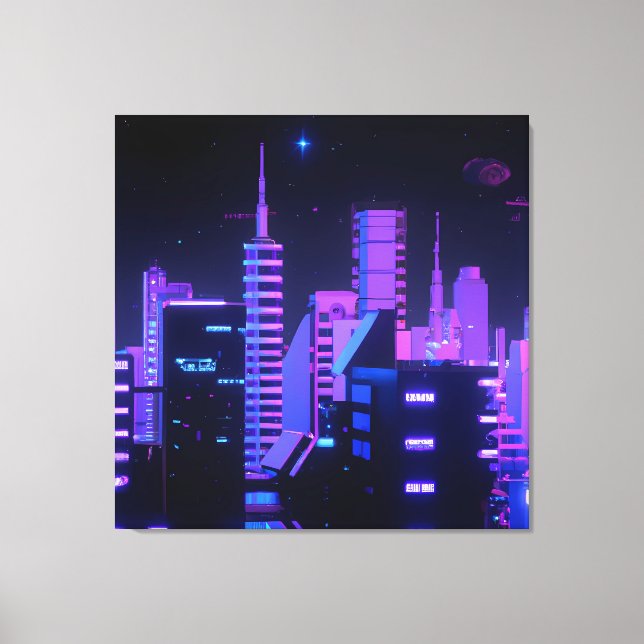 Cyberpunk purple city AI art canvas (Front)