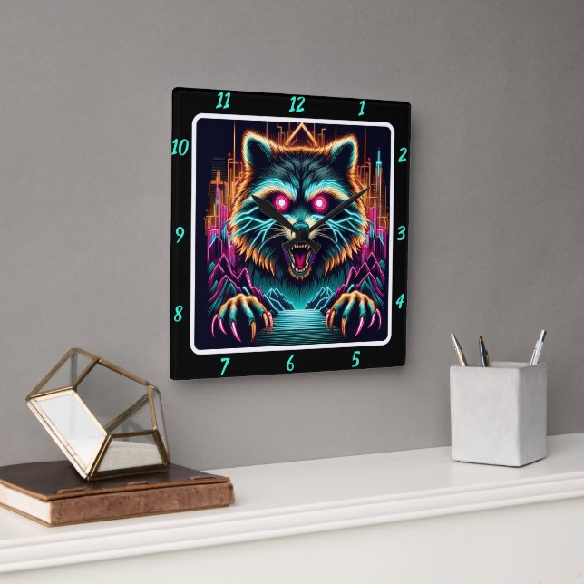 Cyberpunk Racoon Glowing Night  Square Wall Clock (Office)