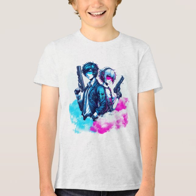 Cyberpunk Rebels – Neon Duo with Blasters Tri-Blend Shirt (Front)