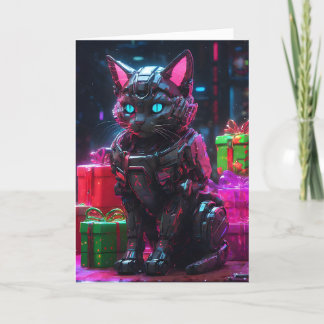 Cyberpunk Robot Cat Christmas Holiday Card