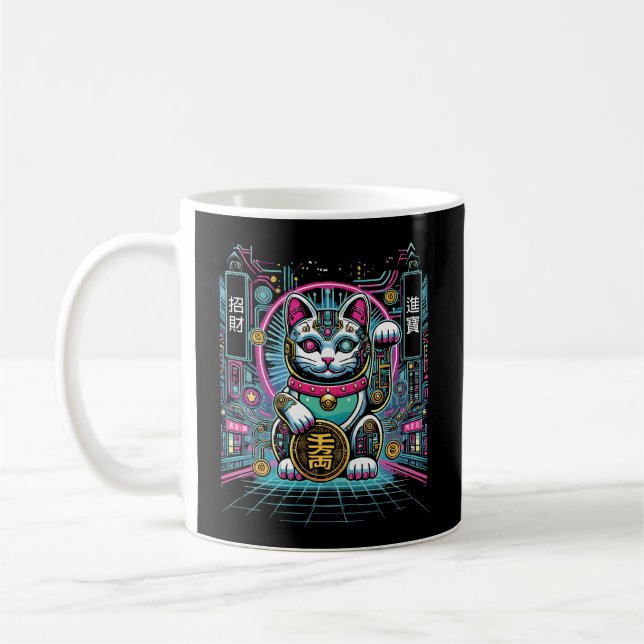 Cyberpunk Robot Maneki Neko Lucky Cat, Money Coffee Mug (Left)