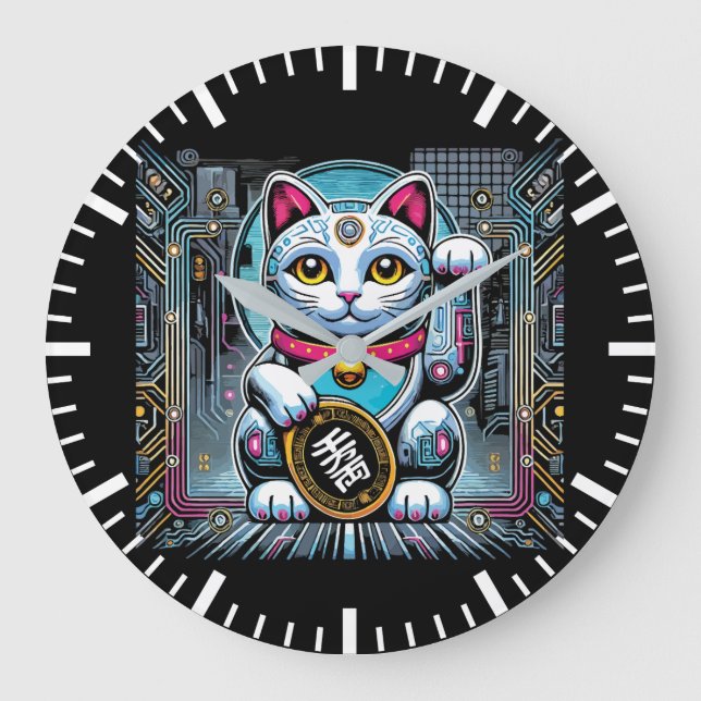 Cyberpunk Robot Maneki Neko Lucky Cat, Money Large Clock (Front)
