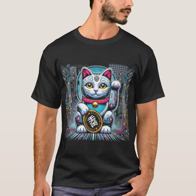 Cyberpunk Robot Maneki Neko Lucky Cat, Money T-Shirt (Front)