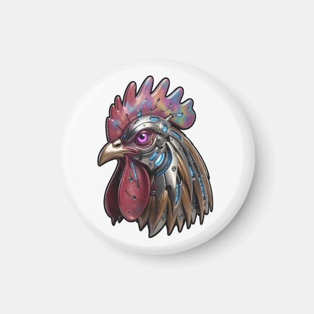 Cyberpunk Rooster Iridescent Mechanical Art  Magnet (Front)
