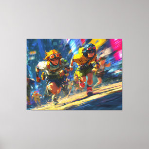 Cyberpunk Runners Sprint Neon Rain City Action Art Canvas Print