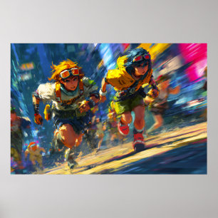 Cyberpunk Runners Sprint Neon Rain City Action Art Poster