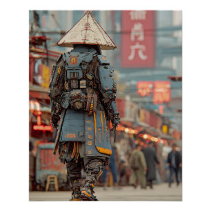 Cyberpunk Samurai Mecha Conical Hat Poster