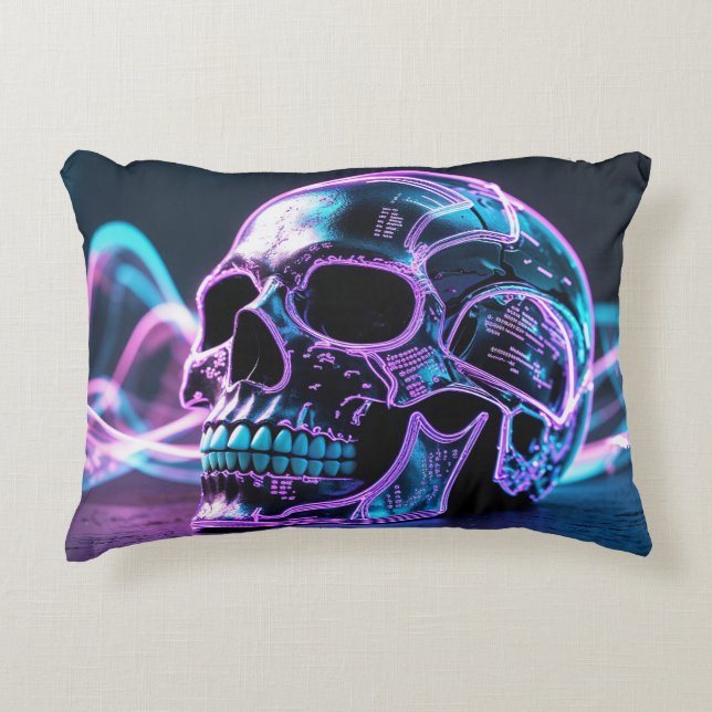 Cyberpunk Skull Glitch Decorative Cushion (Front)